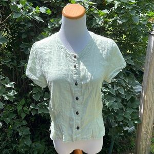 Solitaire Flax Linen Button Down Short sleeved Blouse Sage Womens Size Small
